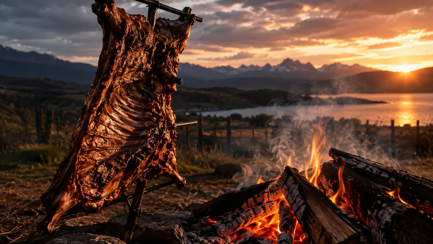 Cordero al palo asándose junto al fuego al atardecer en la Patagonia